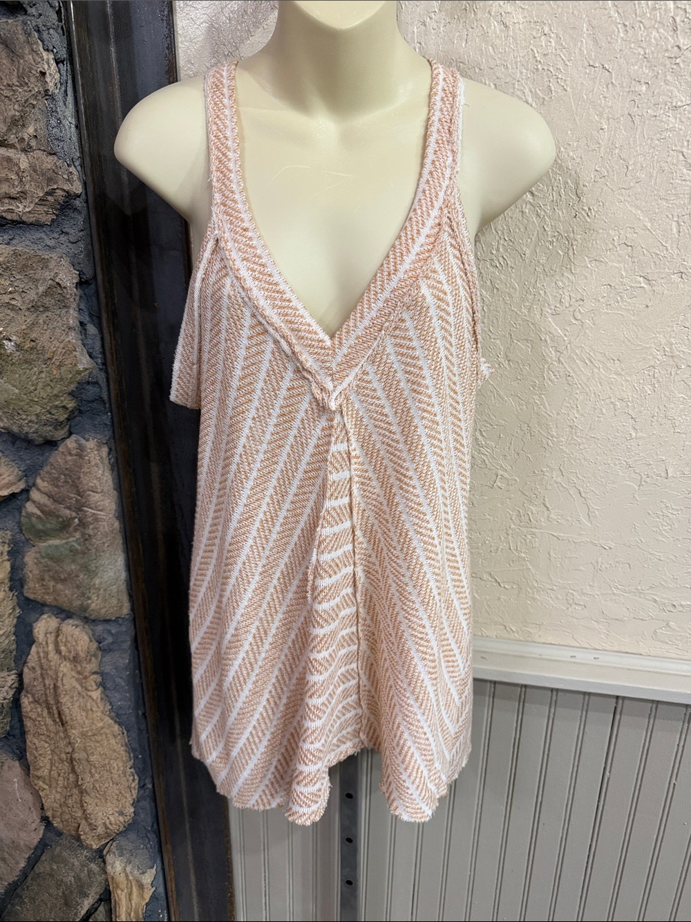 BKE Cream and Peach Open-Knit Tank